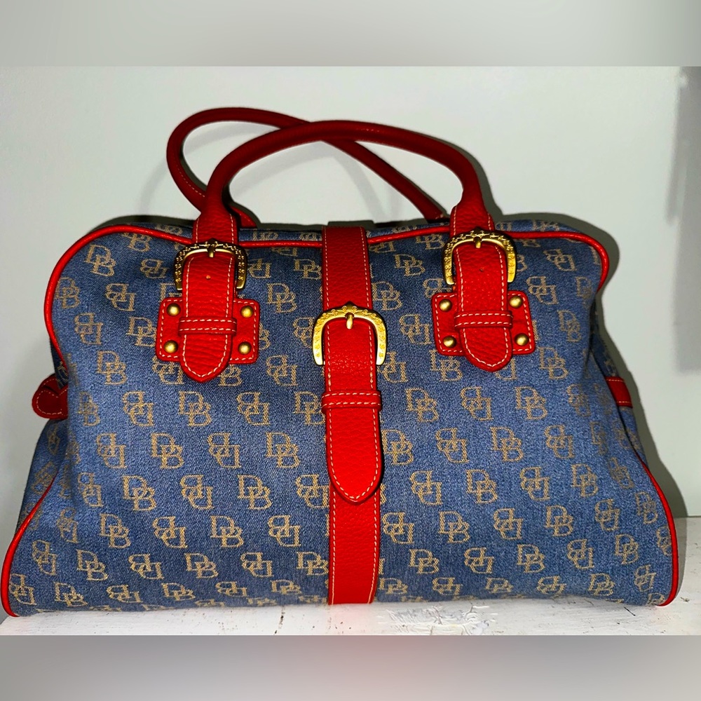 Dooney & Bourke, vintage, Canvas denim, red leather trim, large travel bag.